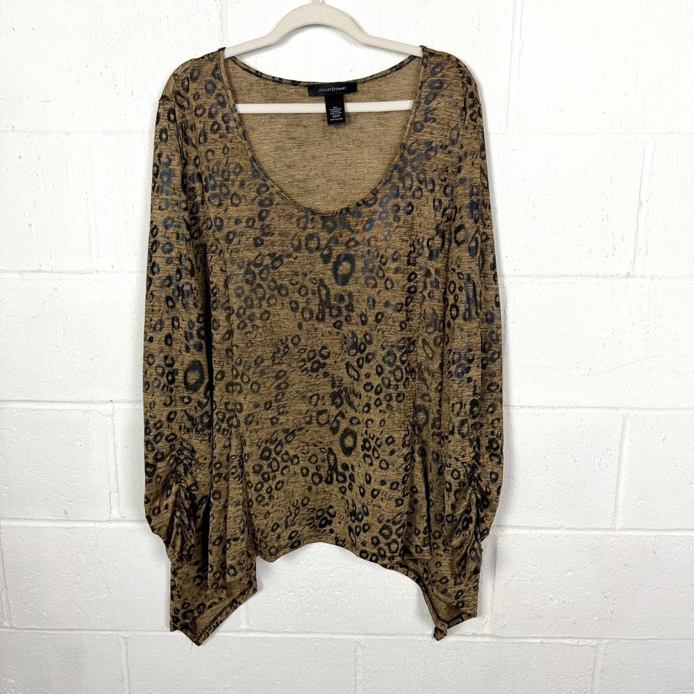 Ashley Stewart Leopard Tunic Top Plus Size 22/24 Gold Shimmery Ruched Maximalist